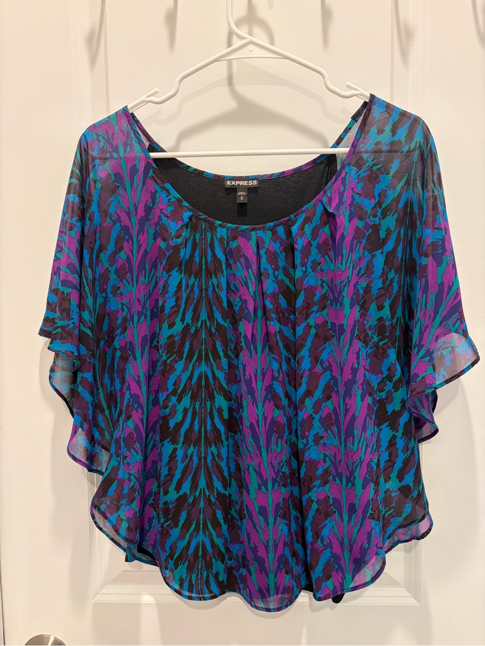 Express Purple and Teal Printed Flutter-Sleeve Top